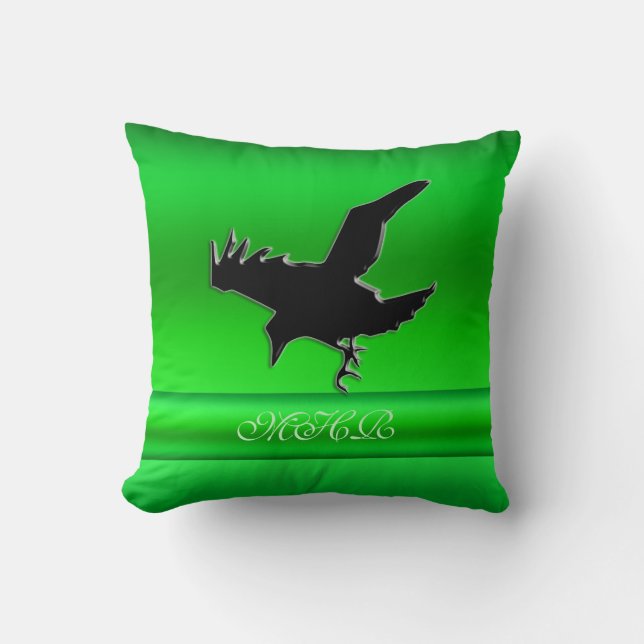 Monogram, Black Raven logo on green chrome-effect Throw Pillow (Front)