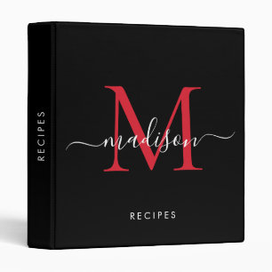 Monogram Black Red Burgundy Script Name Recipe Binder