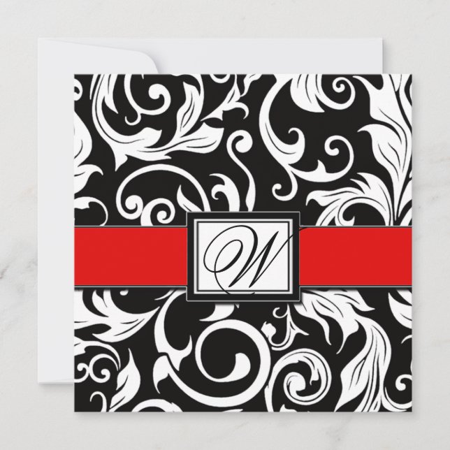 Monogram Black & Red Damask Wedding Invitations (Front)