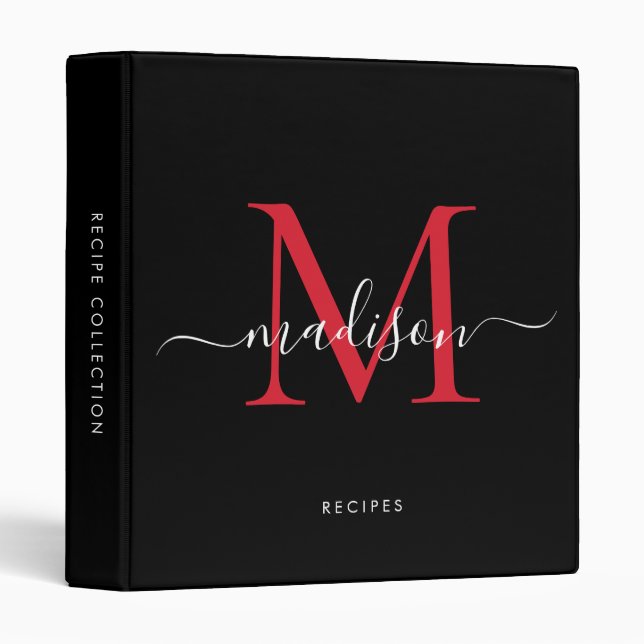 Monogram Black Red Script Name Kitchen Recipe Binder (Front/Spine)
