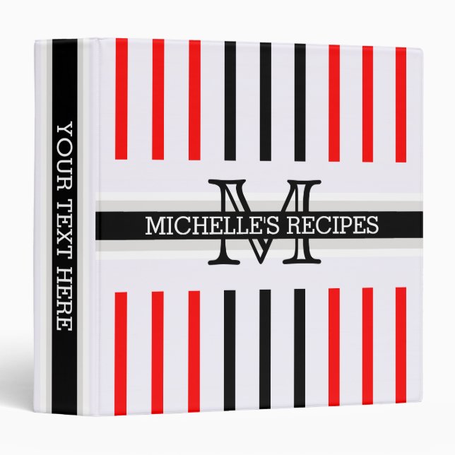 Monogram Black Red Stripes Pattern Recipes Binder (Front/Spine)