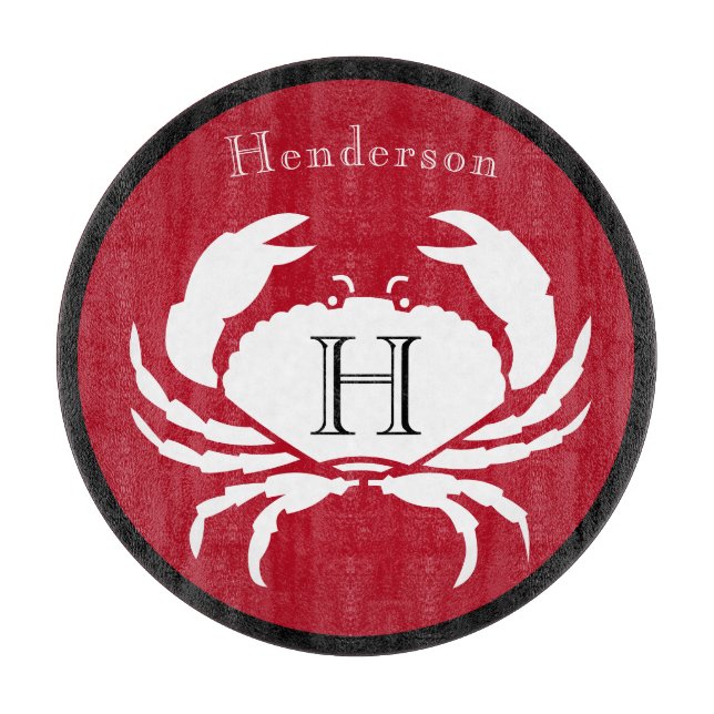 Monogram Black Red White Crab Nautical Cutting Boa Cutting Board (Front)
