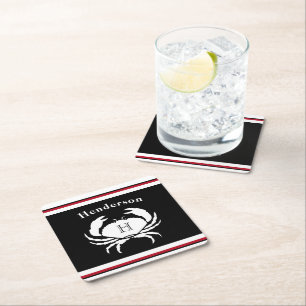 Monogram Black Red White Crab Nautical Square Paper Coaster
