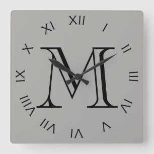 Monogram Black Roman Numbers On Grey wccn Square Wall Clock
