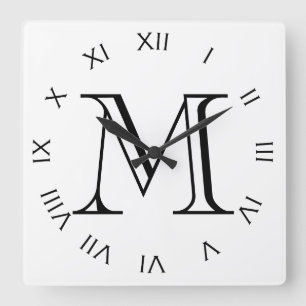 Monogram Black Roman Numbers On White wccn Square Wall Clock