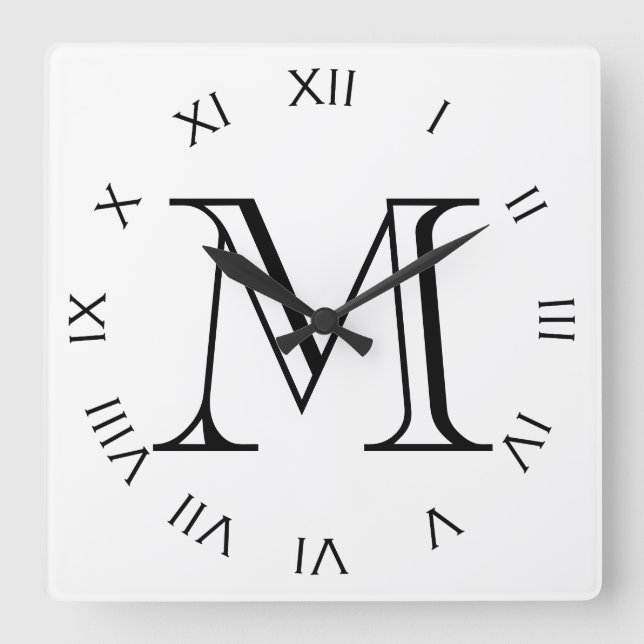 Monogram Black Roman Numbers On White wccnt Square Wall Clock (Front)