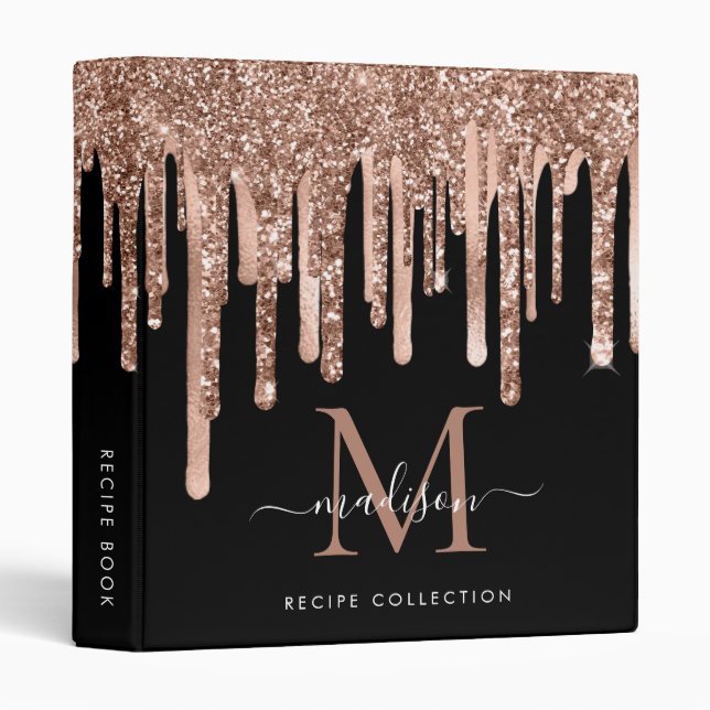 Monogram Black Rose Dripping Metal Glitter Recipe Binder (Front/Spine)