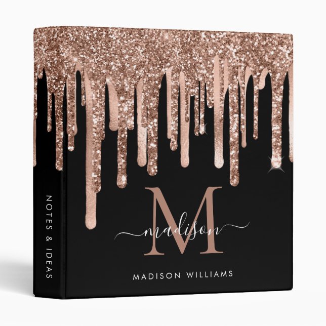 Monogram Black Rose Gold Dripping Metal Glitter Binder (Front/Spine)