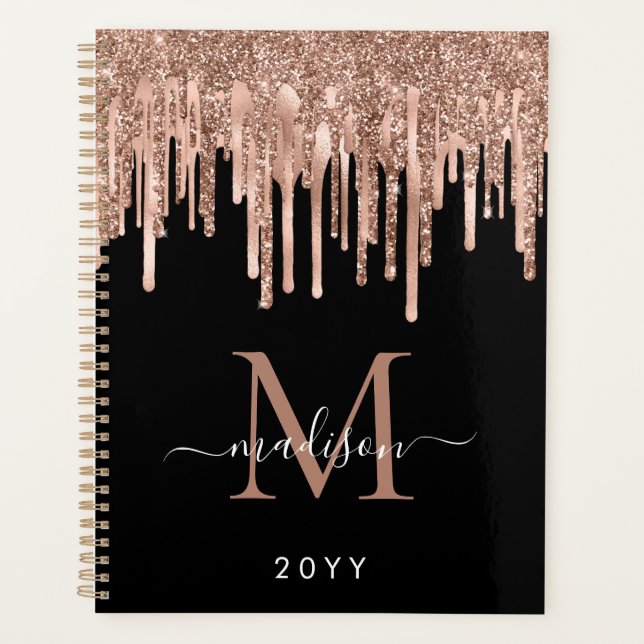 Monogram Black Rose Gold Dripping Metal Glitter Planner (Front)