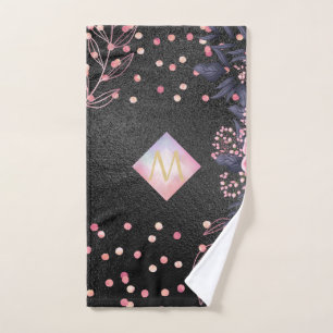 Monogram Black ROSEGOLD Pink Metallic Glitter Girl Hand Towel