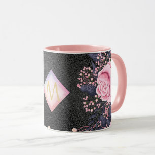 Monogram Black ROSEGOLD Pink Metallic Glitter Girl Mug
