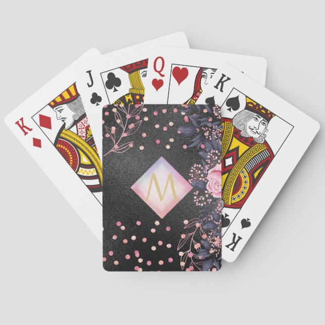 Monogram Black ROSEGOLD Pink Metallic Glitter Girl Playing Cards (Back)