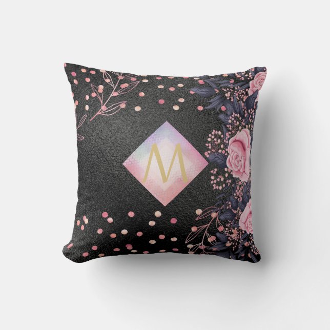 Monogram Black ROSEGOLD Pink Metallic Glitter Girl Throw Pillow (Front)