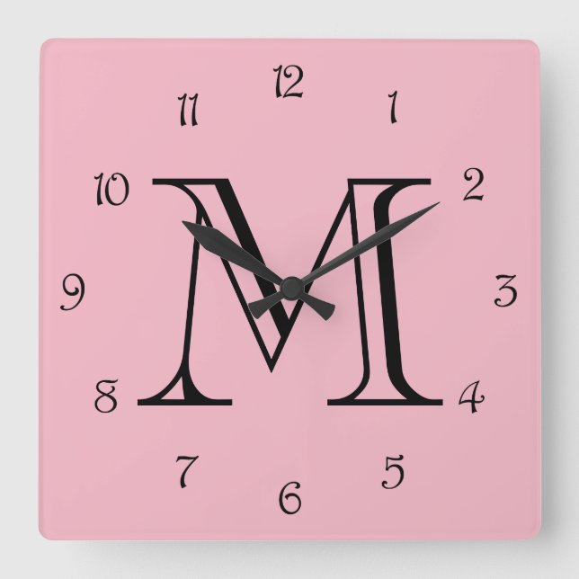 Monogram Black Script Numbers On Pink wccnt Square Wall Clock (Front)