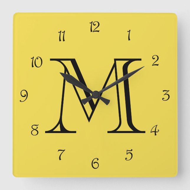 Monogram Black Script Numbers On Yellow wccnt Square Wall Clock (Front)