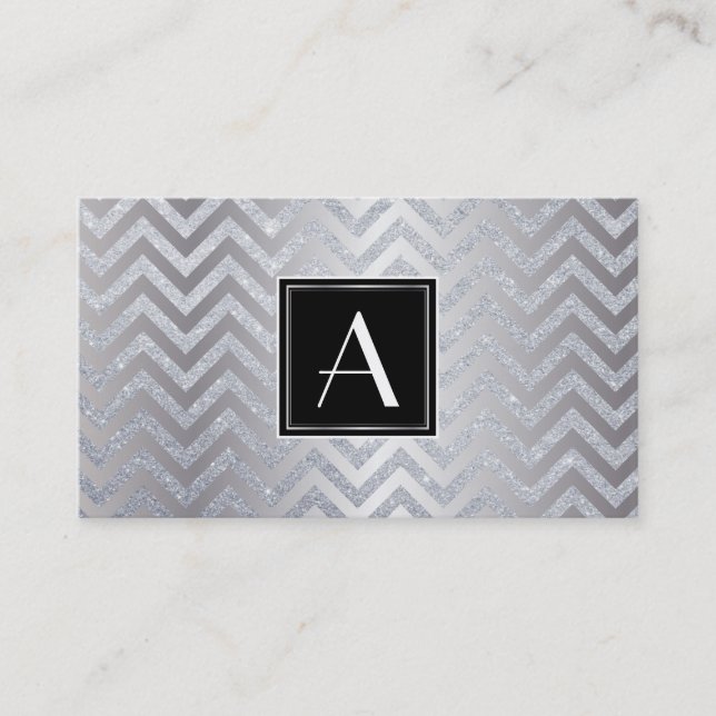 Monogram Black/Silver Box Chevron Glitter Business Card (Front)