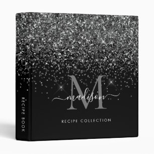 Monogram Black Silver Grey Glam Glitter Recipe Binder