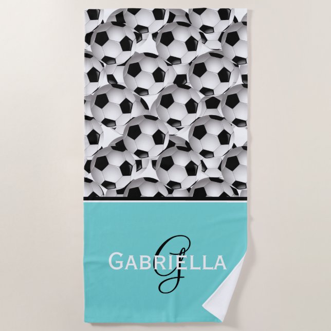 Monogram  Black Soccer Ball Pattern Beach Towel (Front)