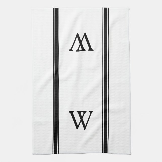 Monogram Black Stripe Personalized Kitchen Towel (Vertical)