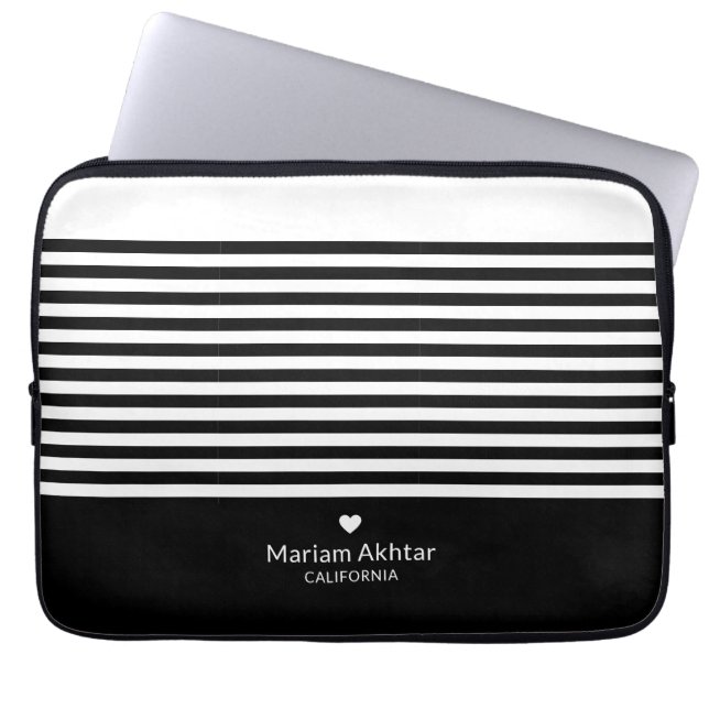 Monogram Black Stripes Trendy Chic Script Modern Laptop Sleeve (Front)