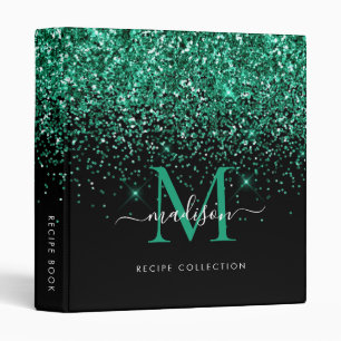 Monogram Black Teal Green Glitter Sparkle Recipe Binder