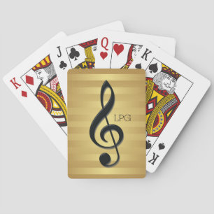 Monogram Black Treble Clef on Golden Stripes Playing Cards