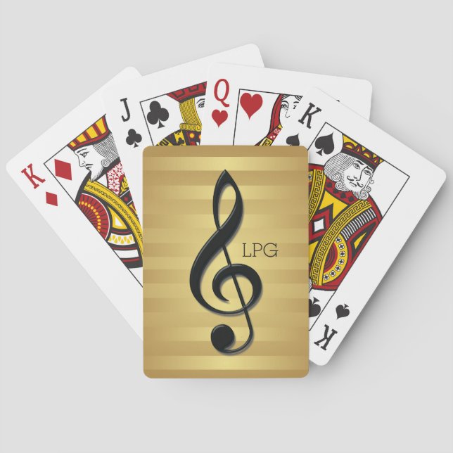 Monogram Black Treble Clef on Golden Stripes Playing Cards (Back)