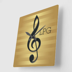 Monogram Black Treble Clef on Golden Stripes Square Wall Clock