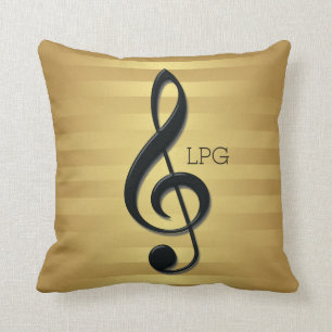 Monogram Black Treble Clef on Golden Stripes Throw Pillow