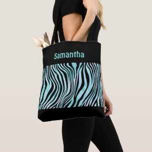 Monogram Black Turquoise Teal Zebra Print Tote Bag