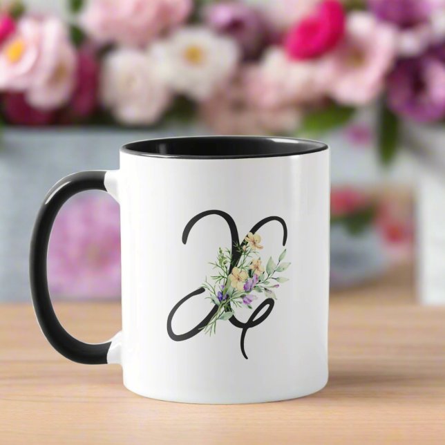 Monogram Black Typography Colourful Flowers Mug (Creator Uploaded)