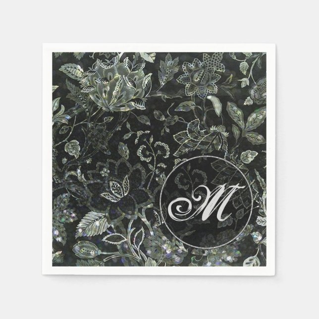 Monogram Black Vintage Floral Napkins (Front)