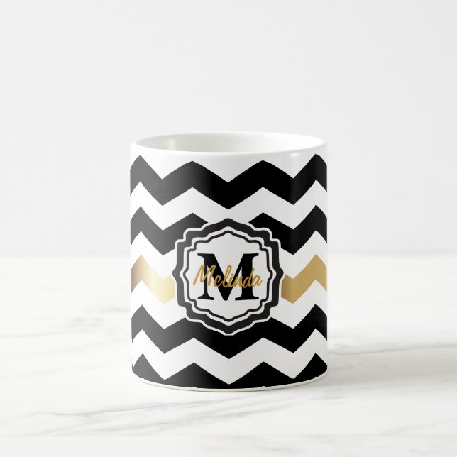 Monogram Black, White and Gold Chevron Coffee Mug (Center)