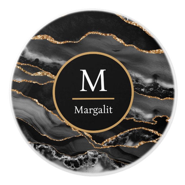 Monogram Black White and Gold Faux Marble Agate Ceramic Knob (Front)