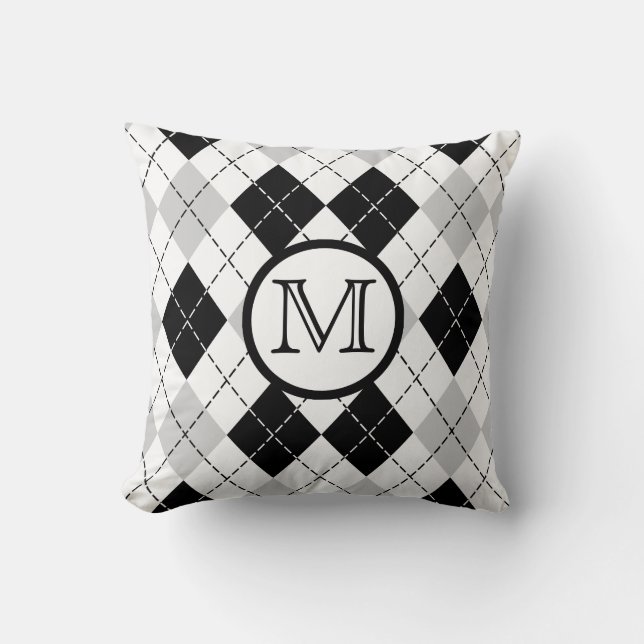 Monogram Black White and Grey Argyle Throw Pillow (Front)