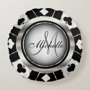 Monogram Black, White and Silver Poker Chip Round Pillow