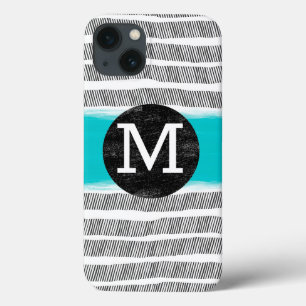 monogram black white and turquoise pattern art  iPhone 13 case