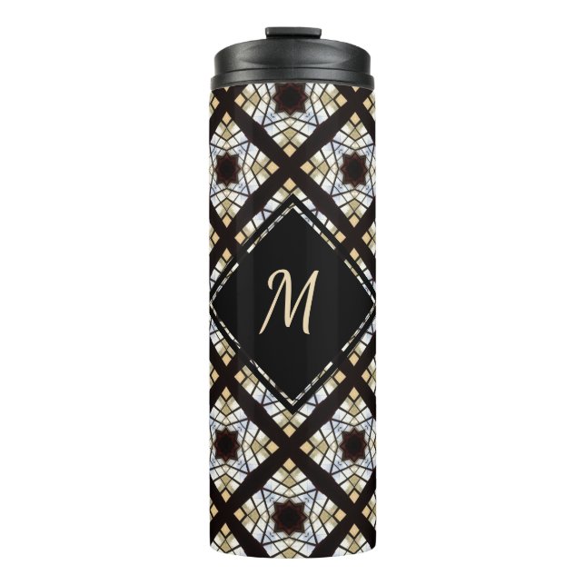 Monogram Black White Blue Geometric Pattern Thermal Tumbler (Front)