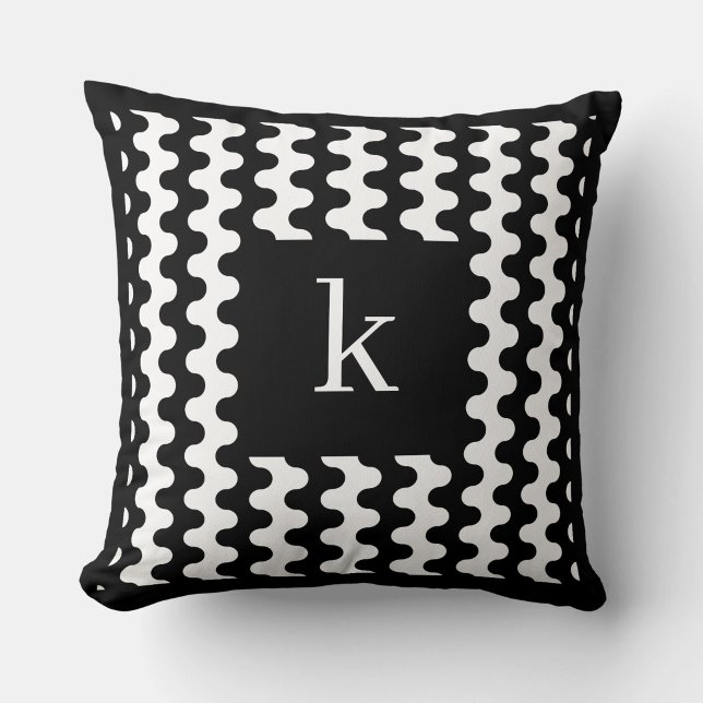 Monogram Black White Bold Wavy Pattern Throw Pillow (Creator Uploaded)