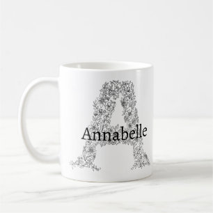 Monogram Black White Botanical Floral Letter A Coffee Mug