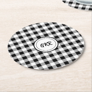 Monogram, Black & White Buffalo Check (6) Round Paper Coaster
