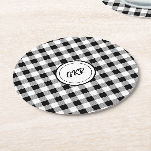 Monogram, Black & White Buffalo Check (6) Round Paper Coaster (Angled)