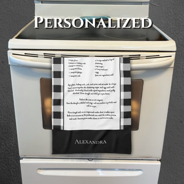 Monogram black white buffalo gingham plaid kitchen towel (Creator Uploaded)