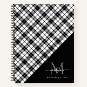 Monogram Black White Buffalo Plaid Girly Script Notebook