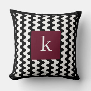 Monogram Black White Burgundy Bold Wavy Pattern Throw Pillow