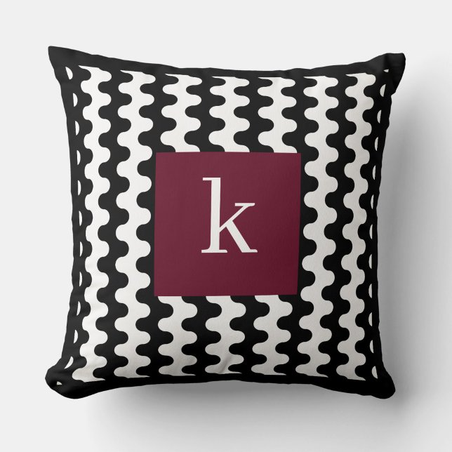 Monogram Black White Burgundy Bold Wavy Pattern Throw Pillow (Creator Uploaded)