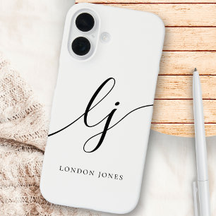 Monogram Black White Calligraphy Script Initials iPhone 16 Case