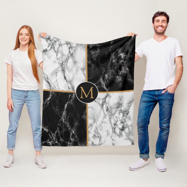 Monogram Black White Check Marble Fleece Blanket (In Situ)