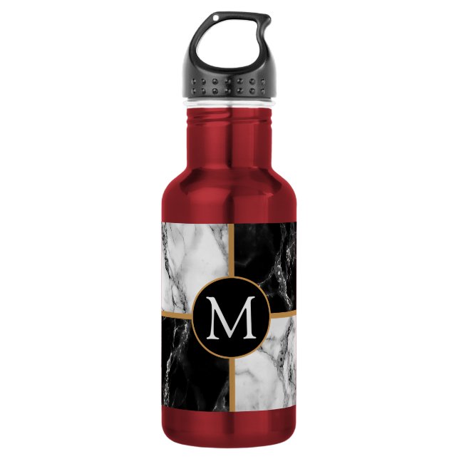 Monogram Black White Check Marble Water Bottle (Front)