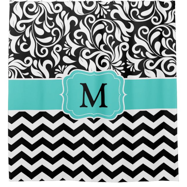 Monogram Black White Chevron Floral Damask (Front)
